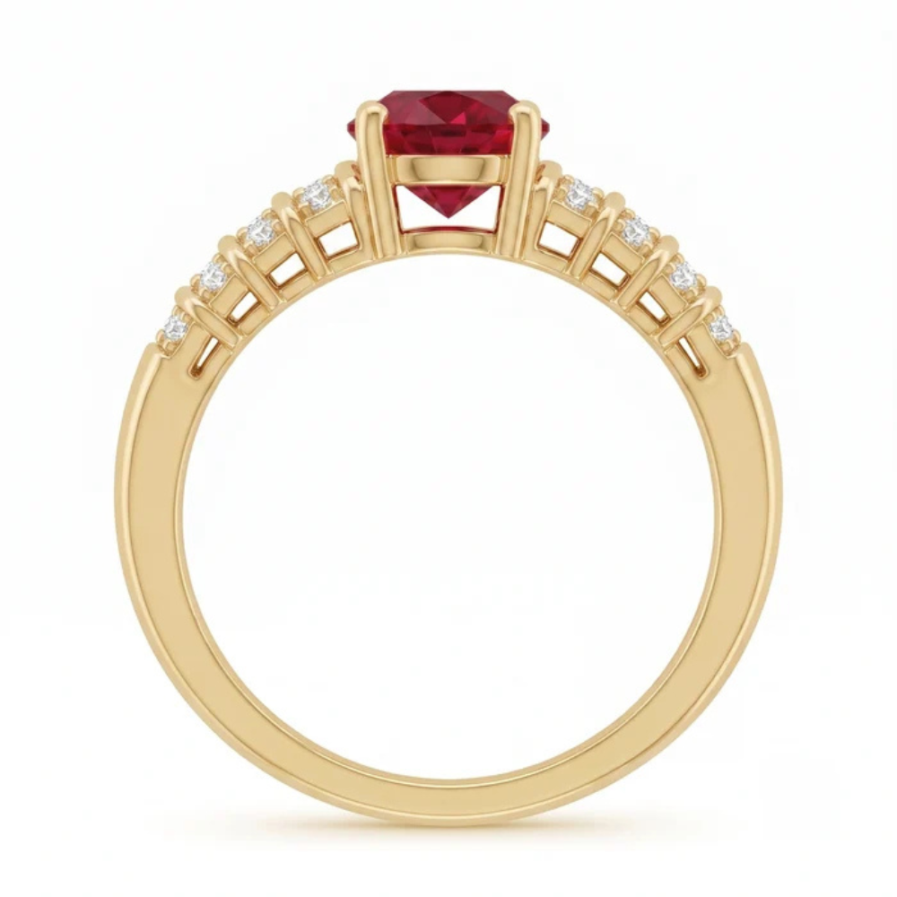 Oval Crimson Ruby Tiered Channel Set Ribbed Band Ring