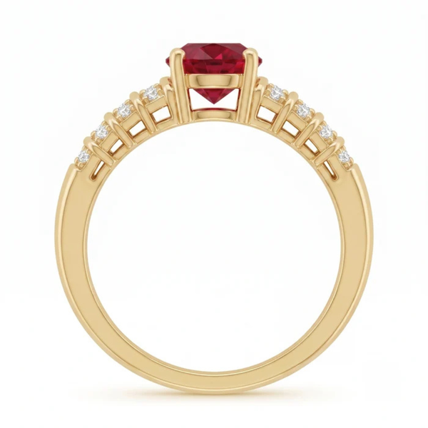Oval Crimson Ruby Tiered Channel Set Ribbed Band Ring