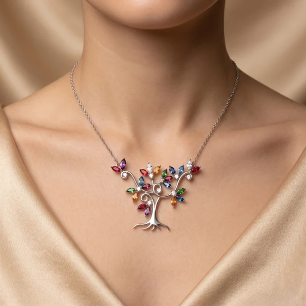 Tree of Life Multi-Color Crystal Pendant Necklace – 925 Silver