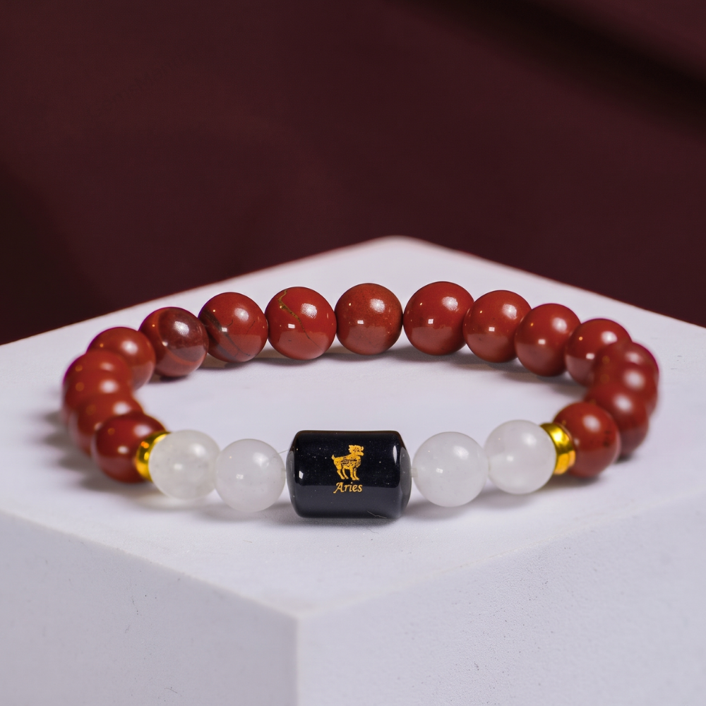Aries Zodiac Mesh Rashi Bracelet with Red Jasper & Moonstone