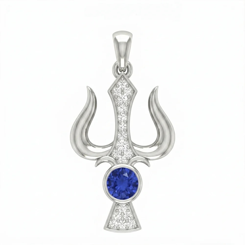 Trident Motif Blue Crystal Moissanite Pendant – 925 Silver