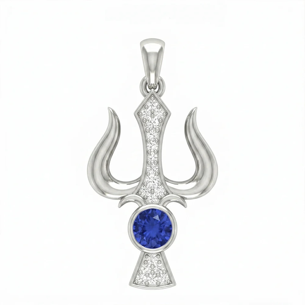 Trident Motif Blue Crystal Moissanite Pendant – 925 Silver