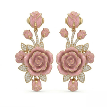 Pink Enamel Rose Floral Moissanite Drop Earrings – Gold-Plated