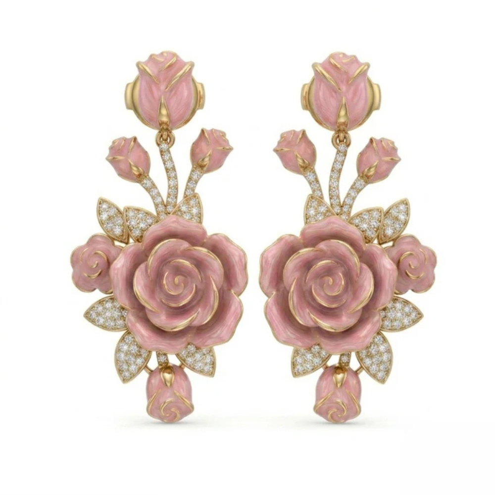 Pink Enamel Rose Floral Moissanite Drop Earrings – Gold-Plated
