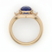 Pear Cut Royal Blue Sapphire Three Stone Chevron Bridal Set