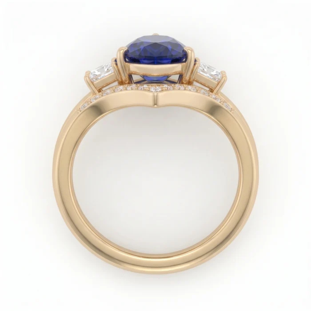 Pear Cut Royal Blue Sapphire Three Stone Chevron Bridal Set