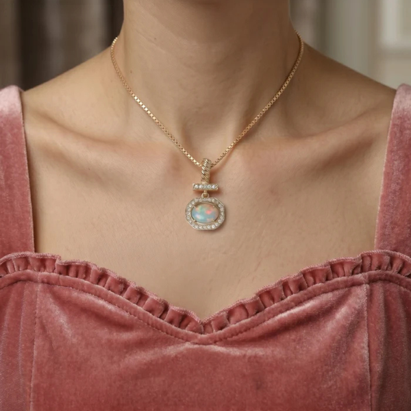 Bezel-Set Cushion Opal Pendant with Diamond Bar and Twisted Bail