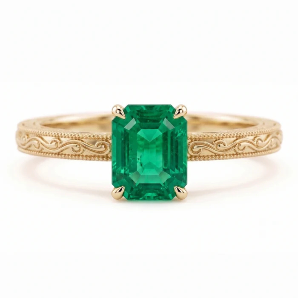 Emerald Cut Zambian Emerald Vintage Scroll Solitaire Ring
