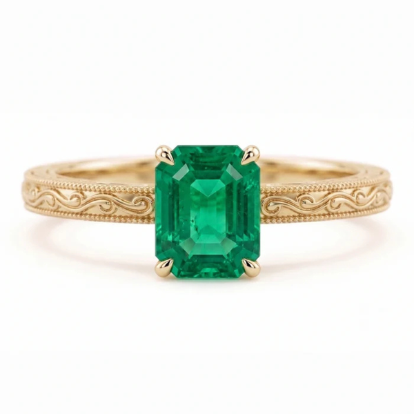 Emerald Cut Zambian Emerald Vintage Scroll Solitaire Ring