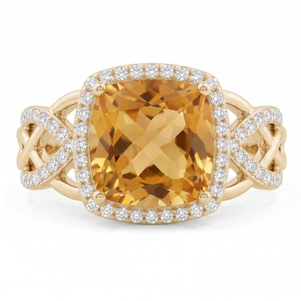 Cushion Honey Citrine Intertwined Celtic Infinity Halo Ring