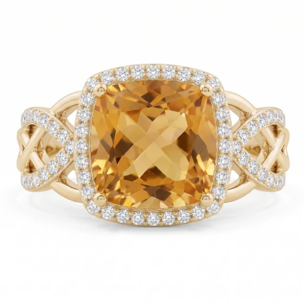 Cushion Honey Citrine Intertwined Celtic Infinity Halo Ring
