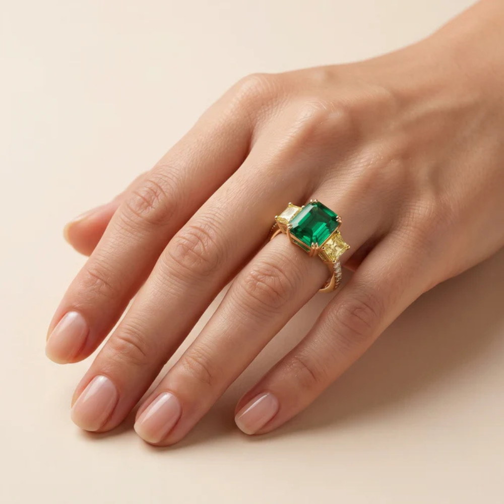 Asscher Cut Emerald Canary Diamond Three Stone Pavé Ring Main image