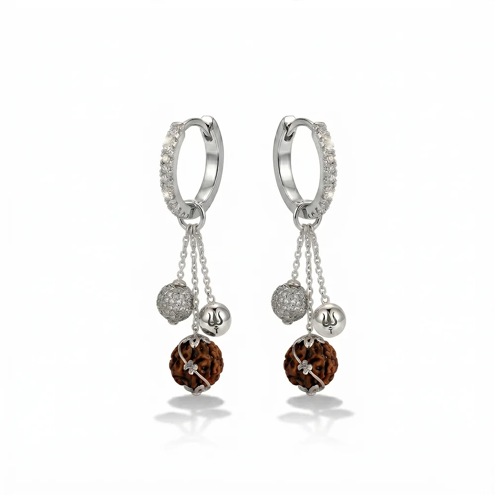 Rudraksha Hoop Earrings (Trishul charm)