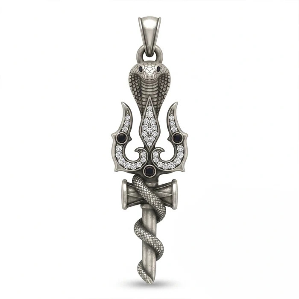 Spiritual Trident and Cobra Serpent Moissanite Pendant – 925 Silver