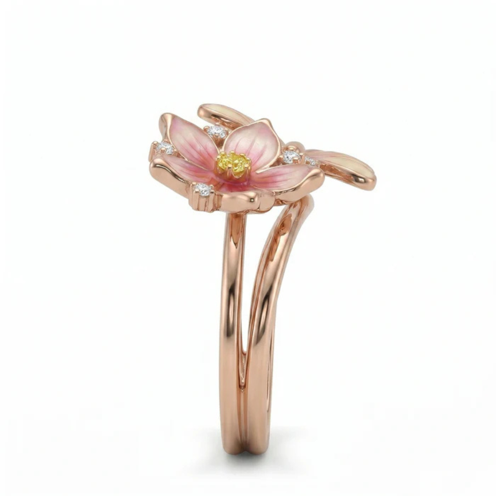 Pink Enamel Flower and Butterfly Moissanite Ring – Rose Gold-Plated