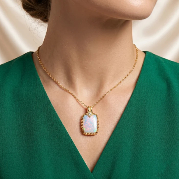 Cushion Opal Pendant with Beaded Chevron Halo