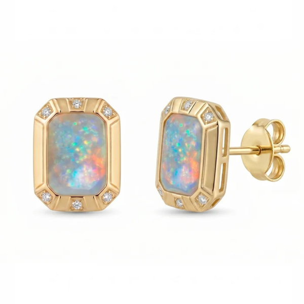 Emerald-Cut Opal Stud Earrings with Diamond Halo