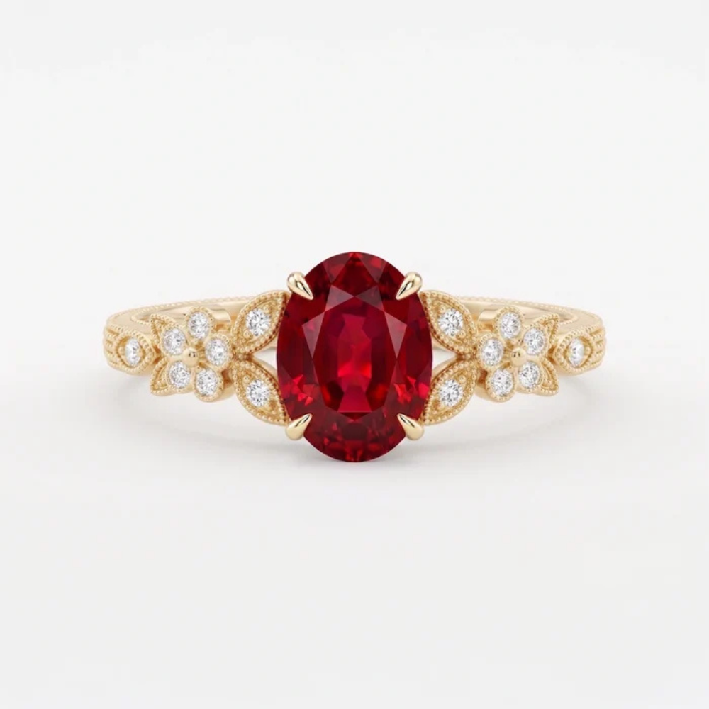 Oval Crimson Ruby Enchanted Blossom Botanical Ring Secondary image
