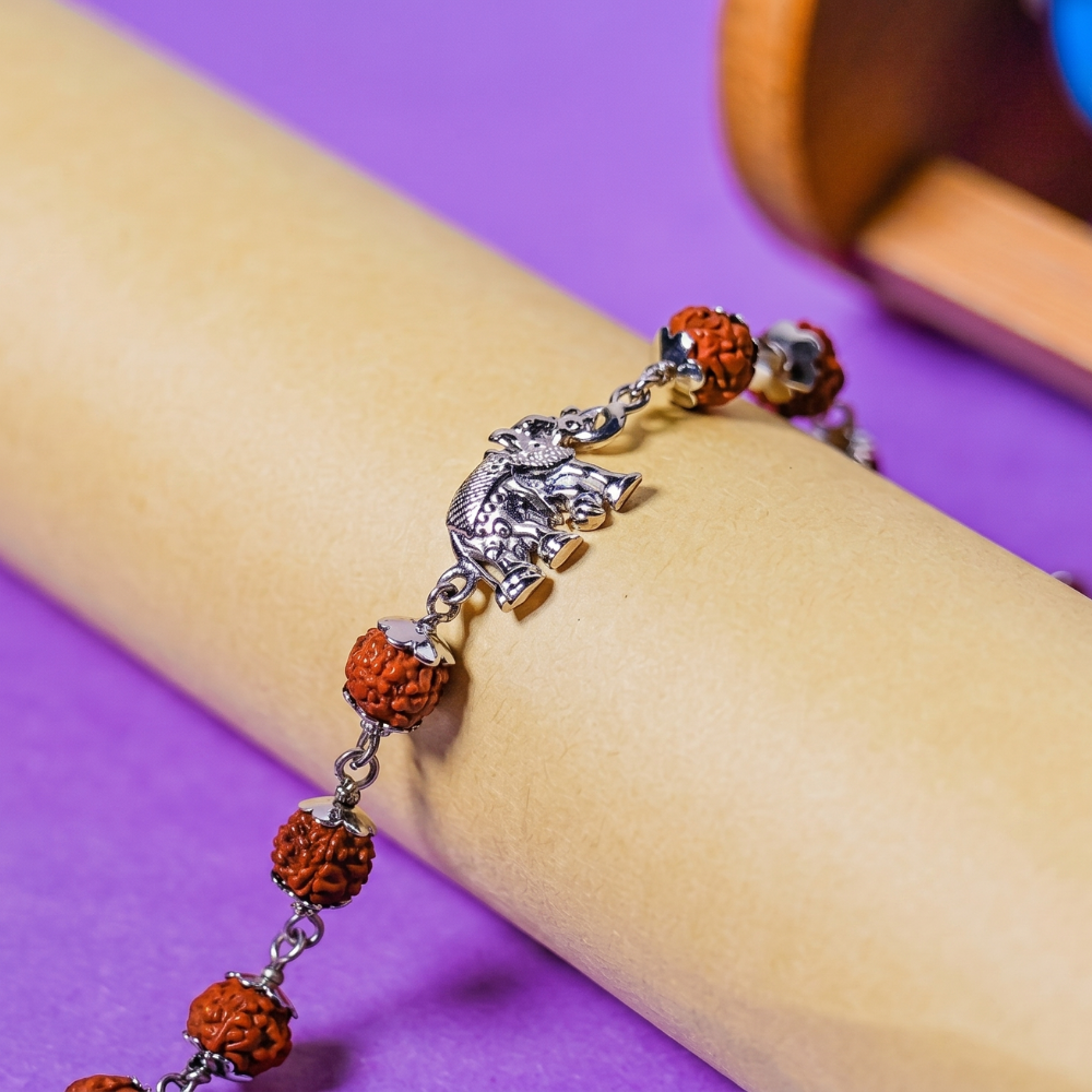 Original 5 Mukhi Rudraksha Silver Elephant Bracelet for Kids - 10 Beads