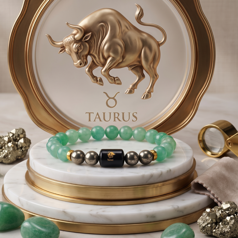 Taurus Zodiac Vrishabh Rashi Bracelet with Green Aventurine and Pyrite