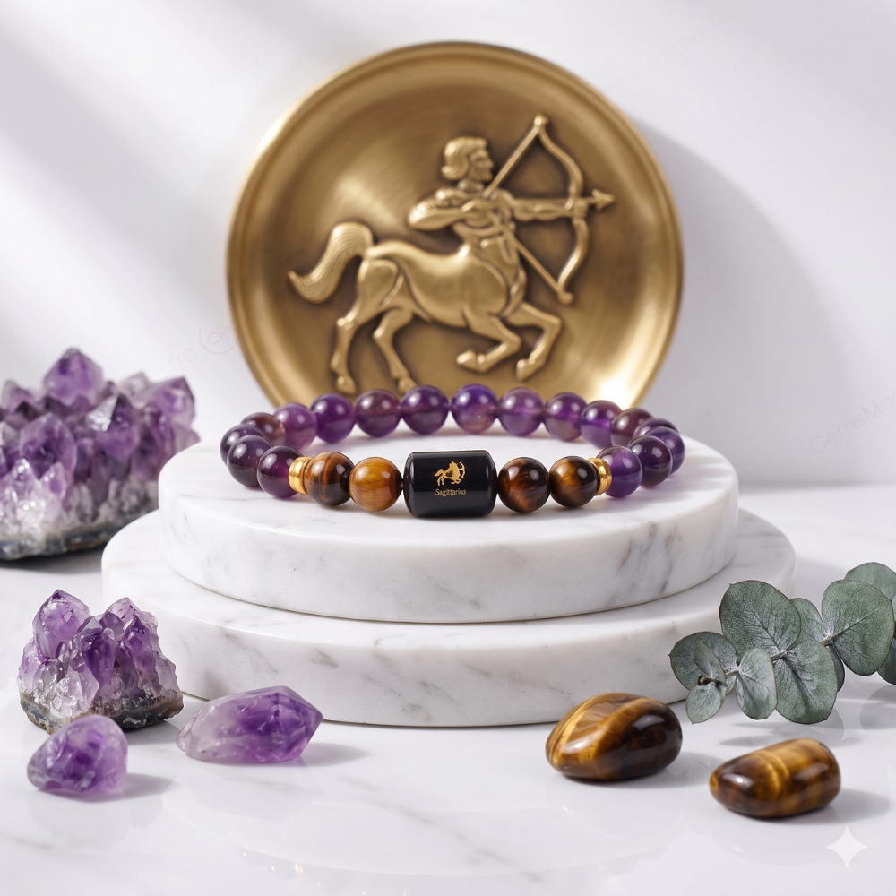 Sagittarius Zodiac Dhanu Rashi Bracelet with Amethyst & Tiger Eye Main image