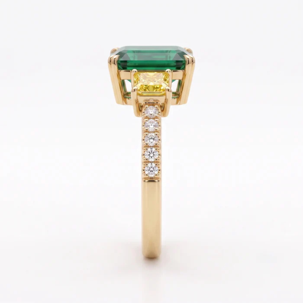 Asscher Cut Emerald Canary Diamond Three Stone Pavé Ring