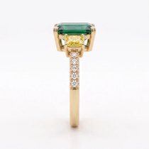Asscher Cut Emerald Canary Diamond Three Stone Pavé Ring
