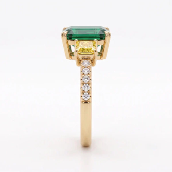 Asscher Cut Emerald Canary Diamond Three Stone Pavé Ring