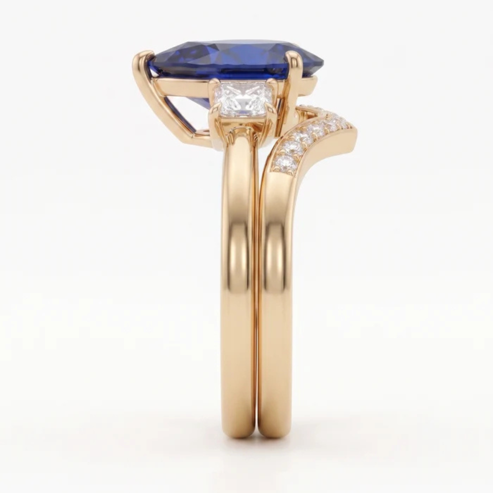 Pear Cut Royal Blue Sapphire Three Stone Chevron Bridal Set