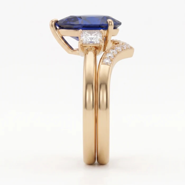 Pear Cut Royal Blue Sapphire Three Stone Chevron Bridal Set