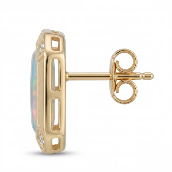 Emerald-Cut Opal Stud Earrings with Diamond Halo