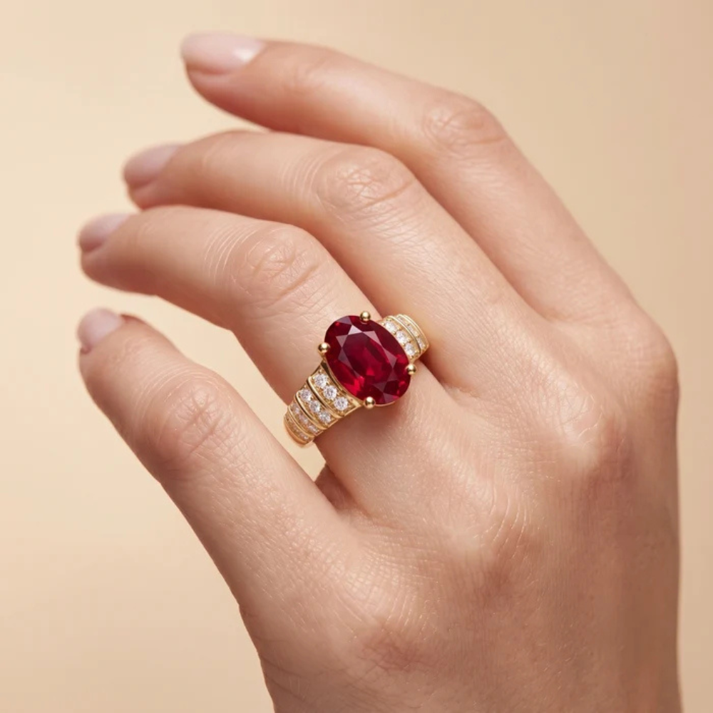 Oval Crimson Ruby Tiered Channel Set Ribbed Band Ring Main image