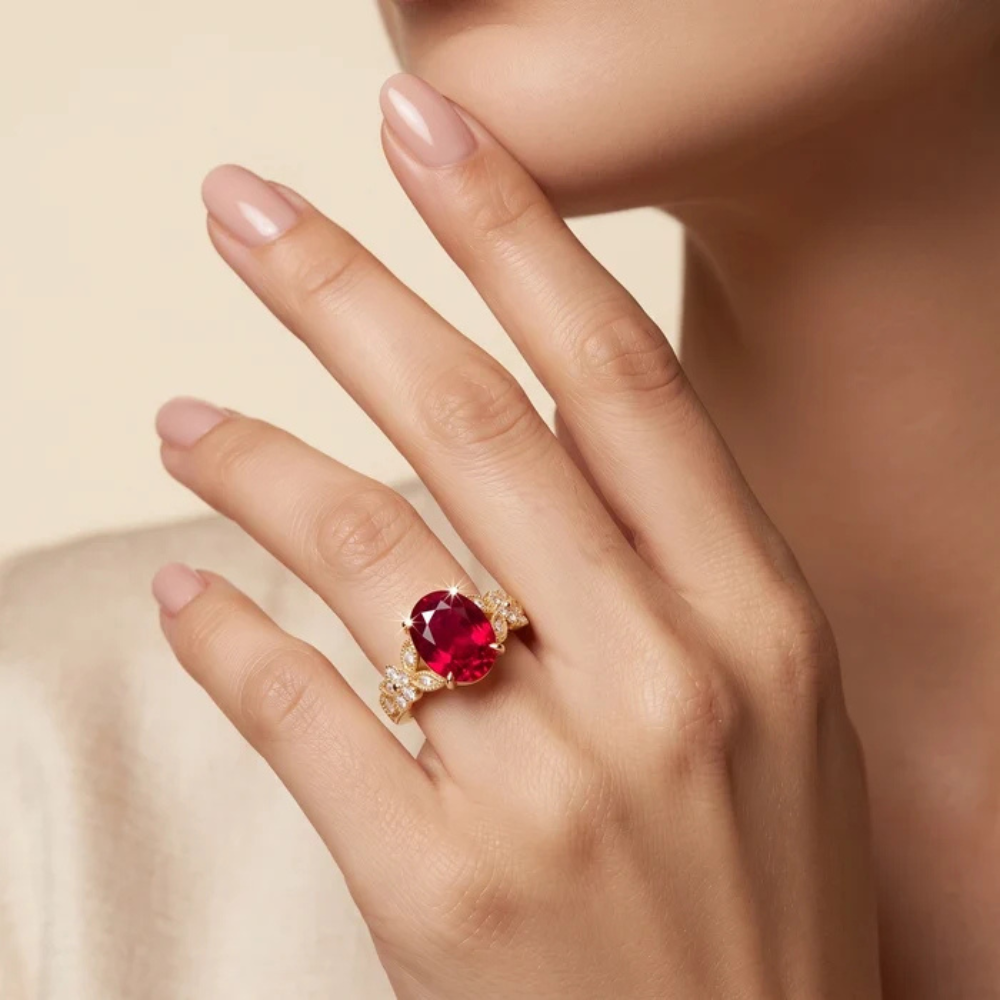 Oval Crimson Ruby Enchanted Blossom Botanical Ring