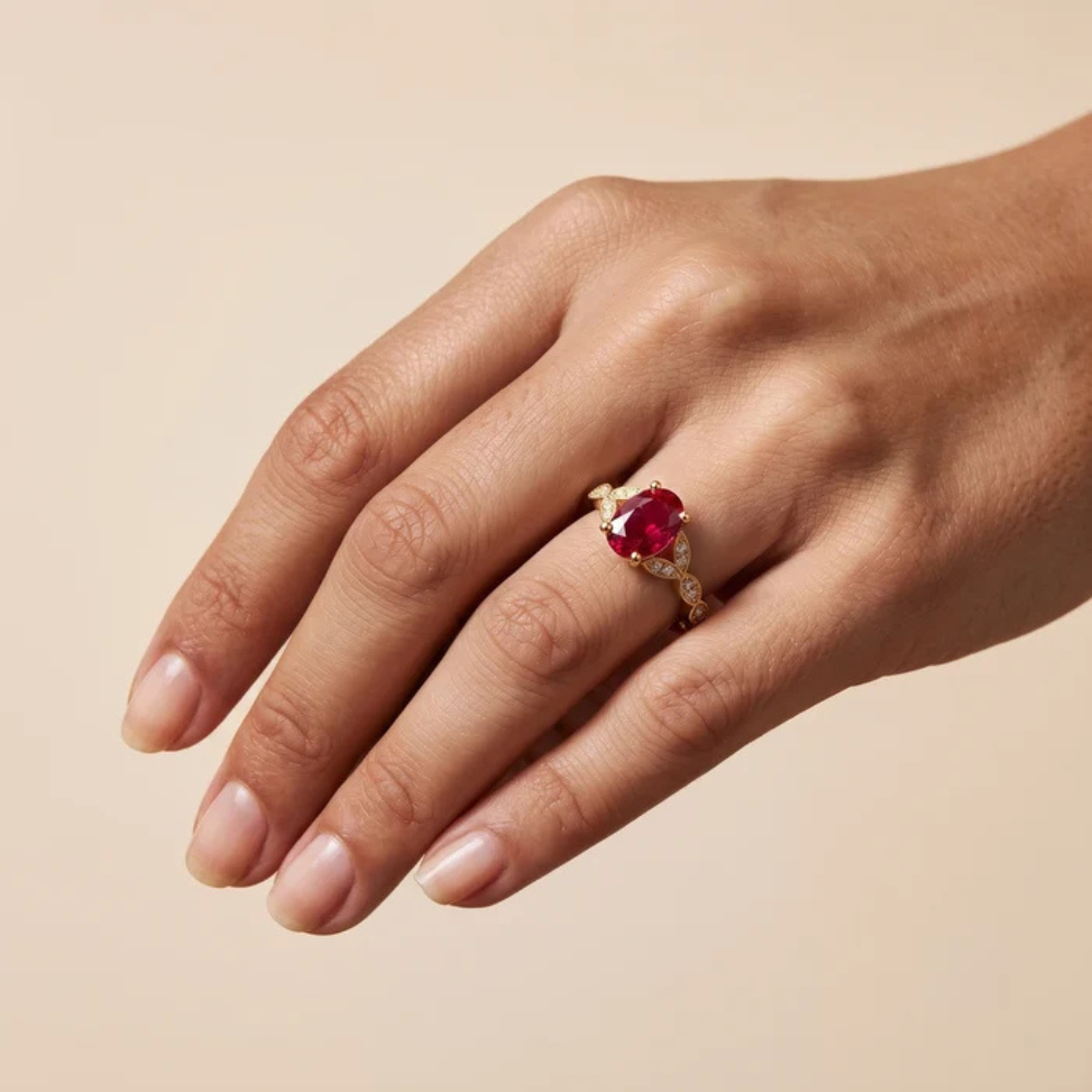 Oval Crimson Ruby Botanical Marquise Leaf Accent Ring