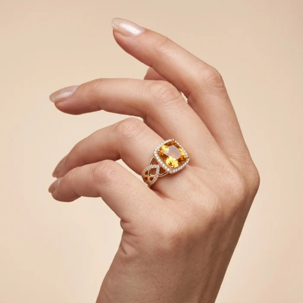 Cushion Honey Citrine Intertwined Celtic Infinity Halo Ring Main image