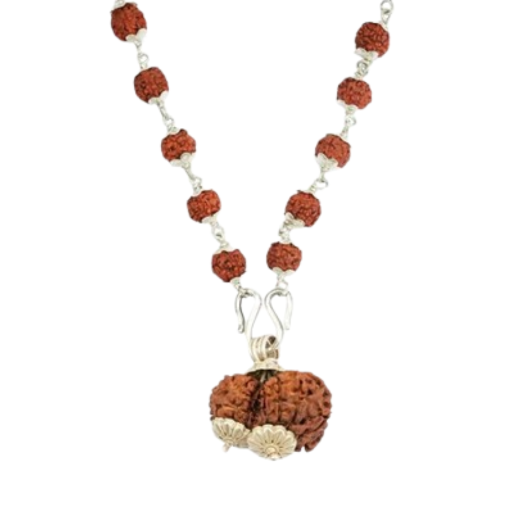 5 Mukhi Silver Rudraksha Mala - with Natural Gauri-Shankar Rudraksha Pendant