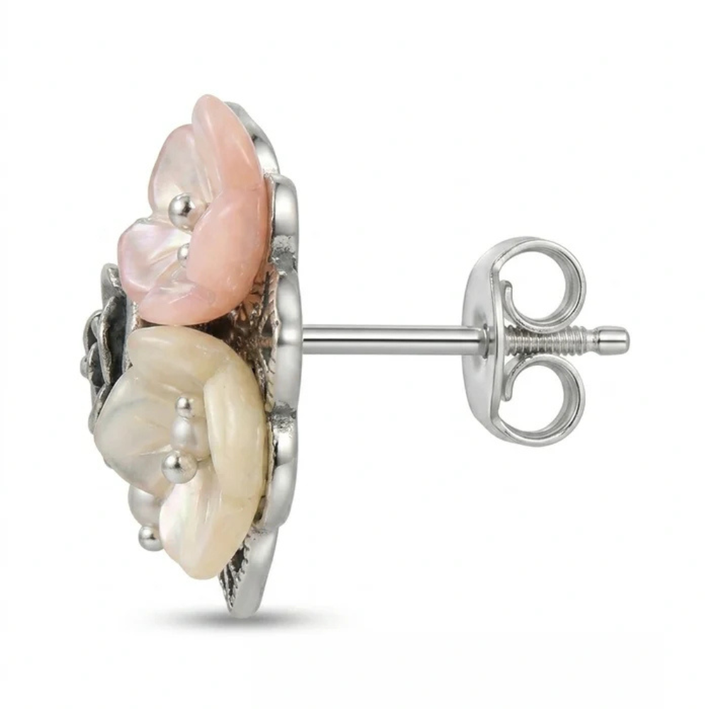 Vintage-Inspired Floral & Cultured Pearl Stud Earrings – 925 Silver