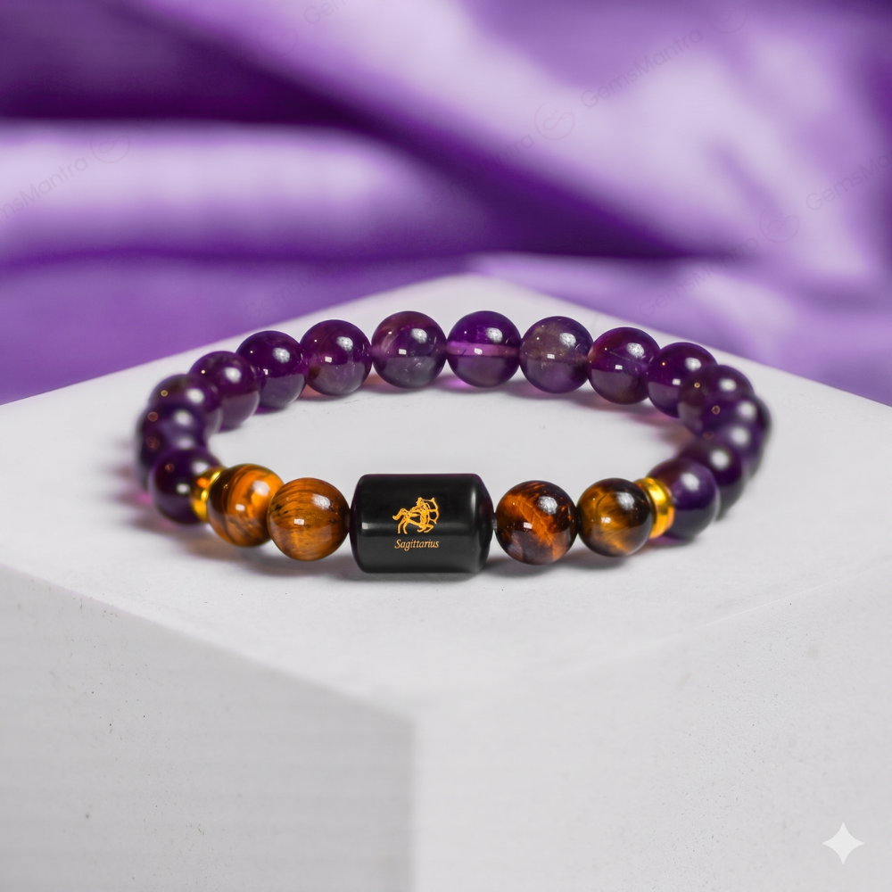 Sagittarius Zodiac Dhanu Rashi Bracelet with Amethyst & Tiger Eye