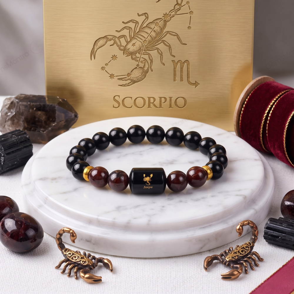Scorpio Zodiac Vrishchik Rashi Bracelet with Obsidian & Garnet Main image