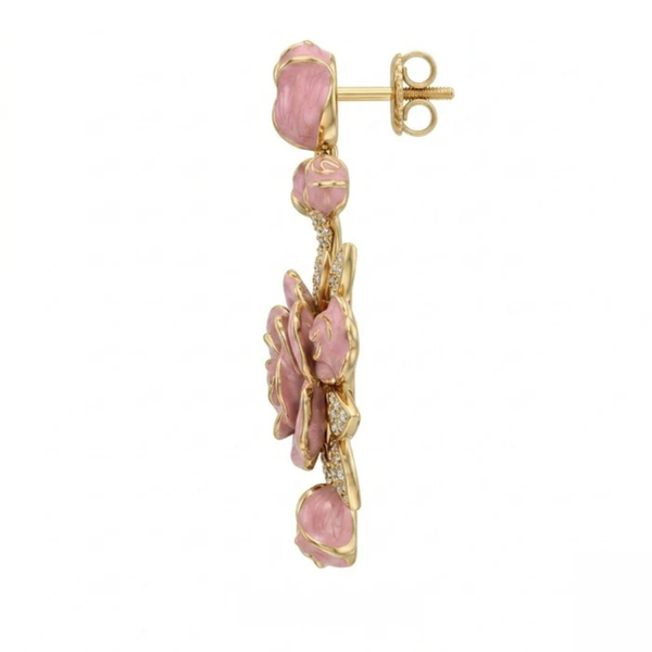 Pink Enamel Rose Floral Moissanite Drop Earrings – Gold-Plated
