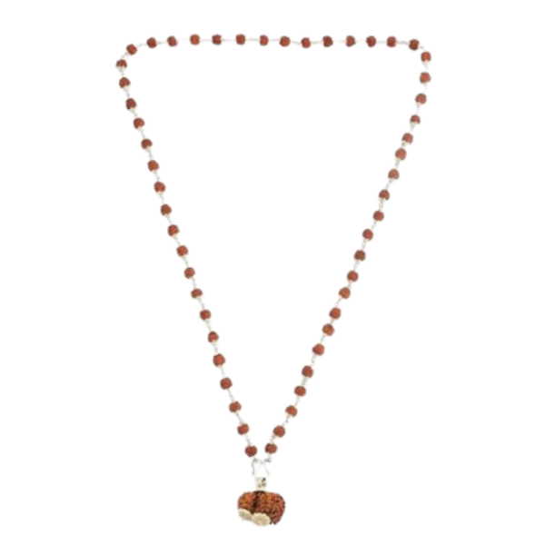 5 Mukhi Silver Rudraksha Mala - with Natural Gauri-Shankar Rudraksha Pendant