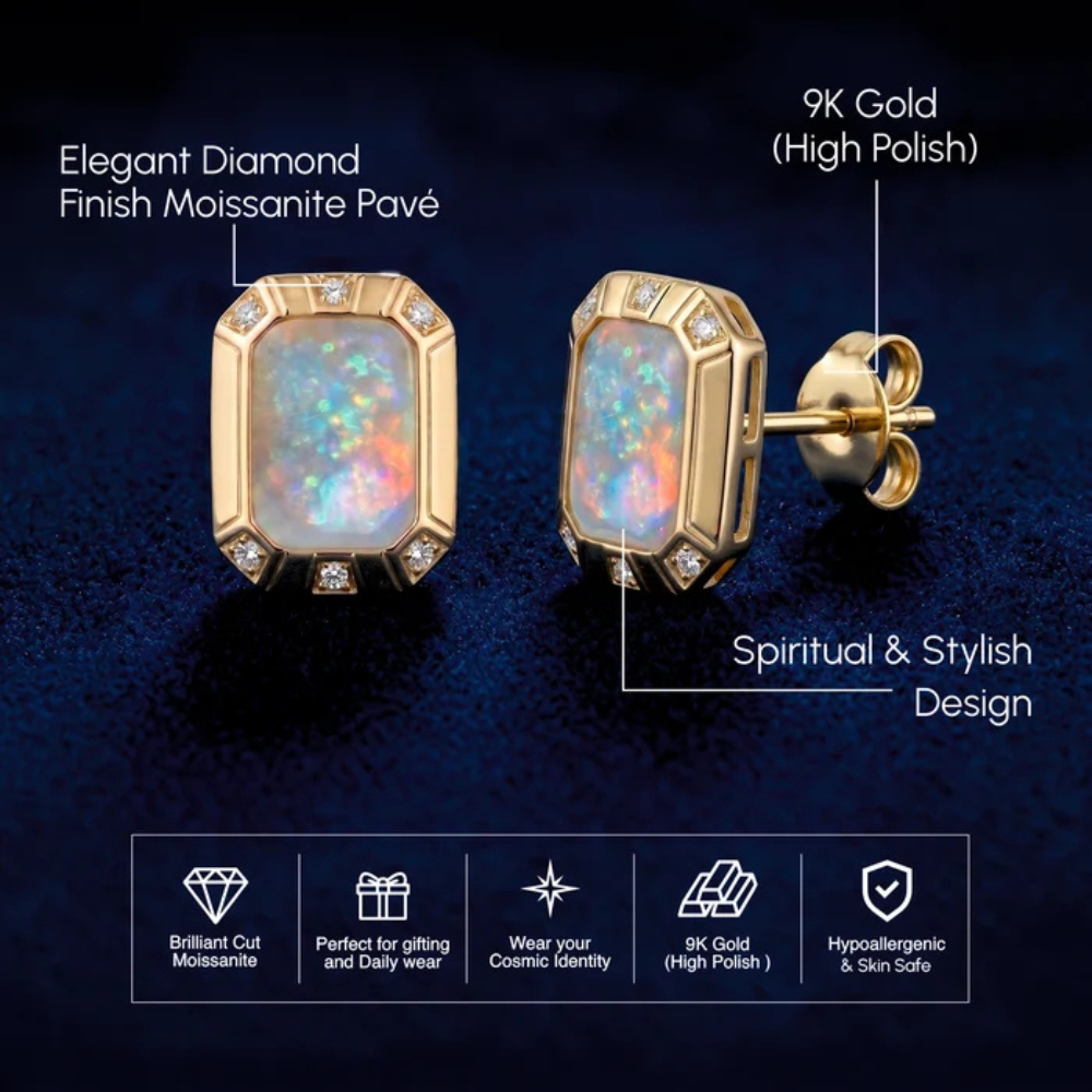 Emerald-Cut Opal Stud Earrings with Diamond Halo