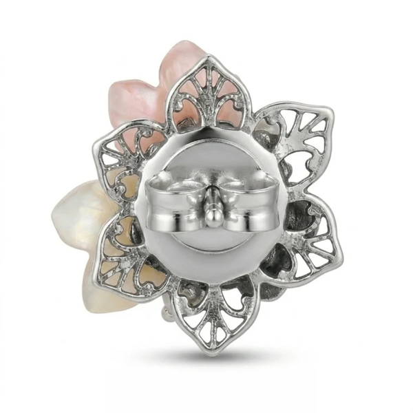 Vintage-Inspired Floral & Cultured Pearl Stud Earrings – 925 Silver
