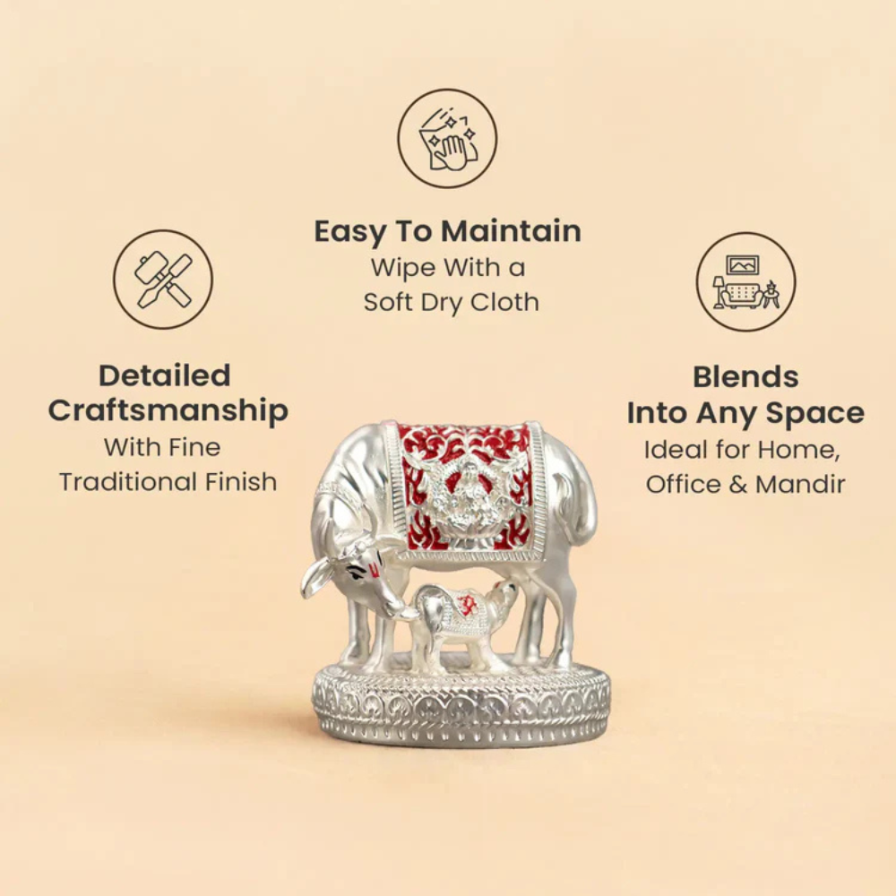 999 Silver Plated Kamdhenu Cow with Calf Idol