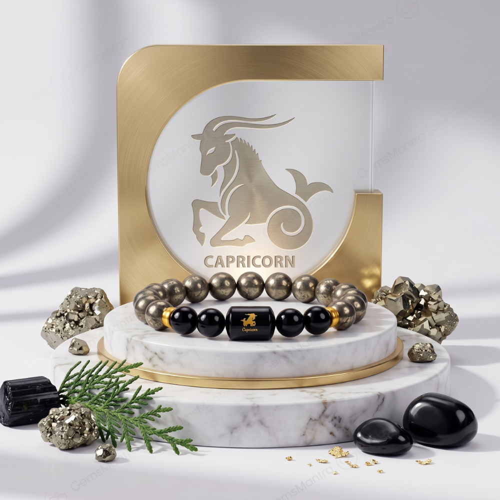 Capricorn Zodiac Makar Rashi Bracelet with Pyrite & Black Onyx Main image