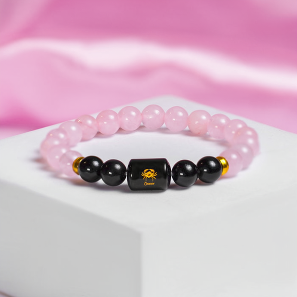 Cancer Zodiac Kark Rashi Bracelet with Rose Quartz & Black Tourmaline