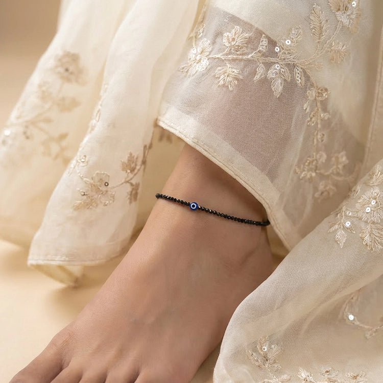 Black Tourmaline Anklet with Evil Eye Charm