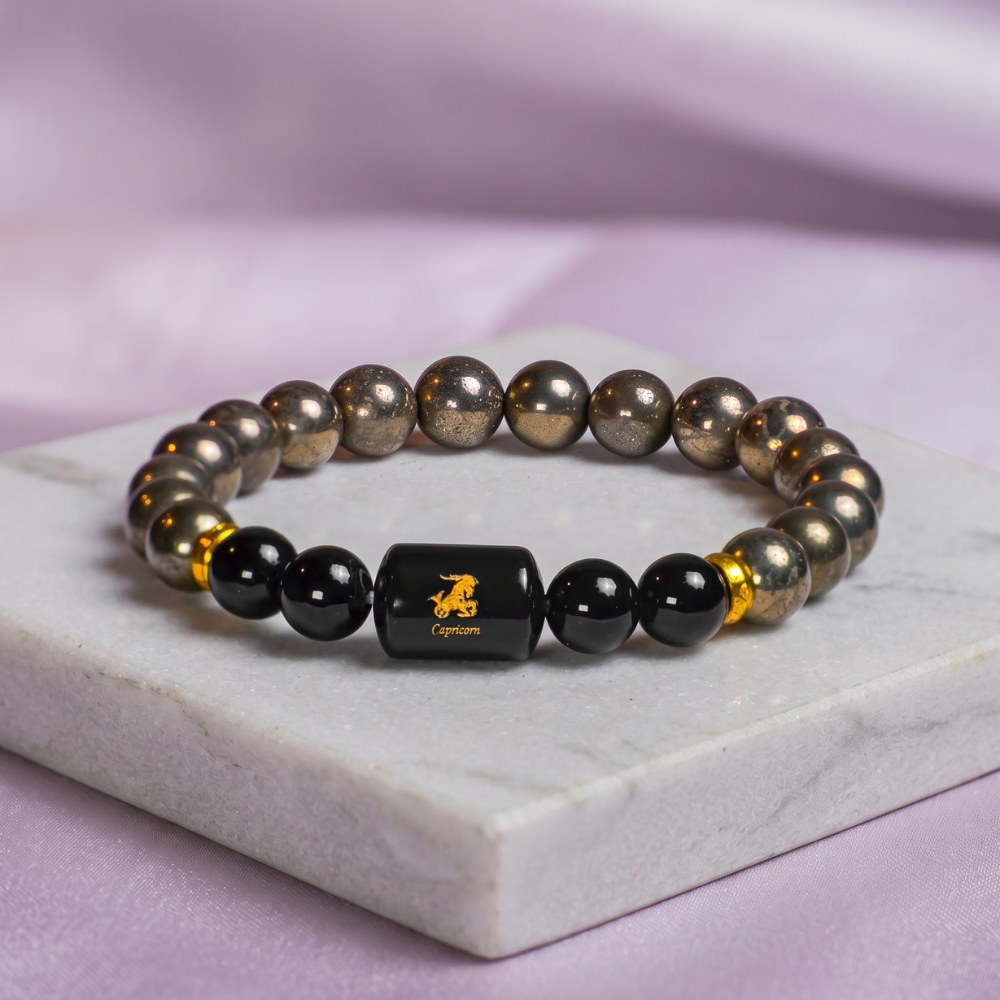 Capricorn Zodiac Makar Rashi Bracelet with Pyrite & Black Onyx