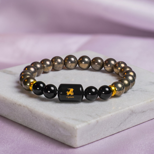 Capricorn Zodiac Makar Rashi Bracelet with Pyrite & Black Onyx