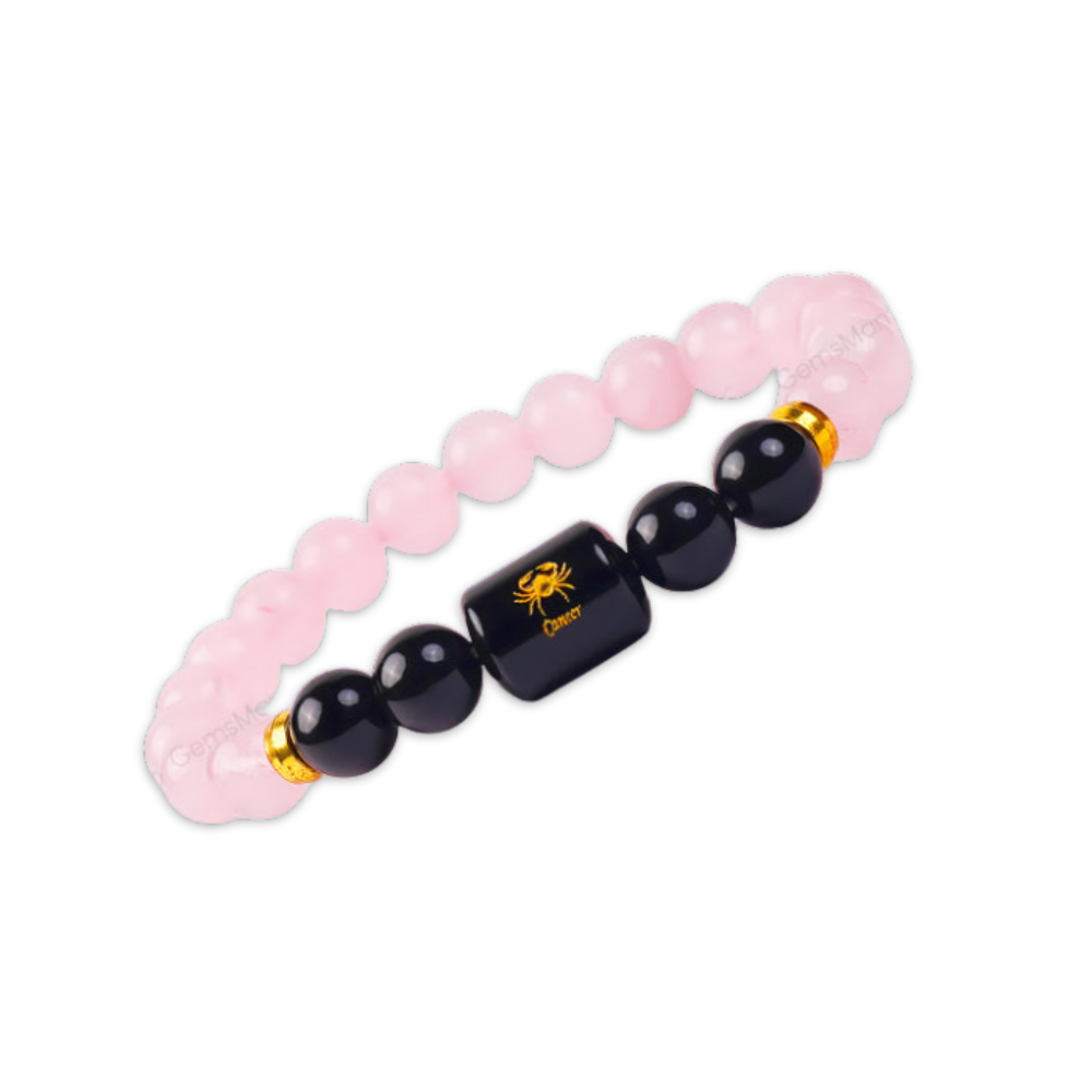 Cancer Zodiac Kark Rashi Bracelet with Rose Quartz & Black Tourmaline